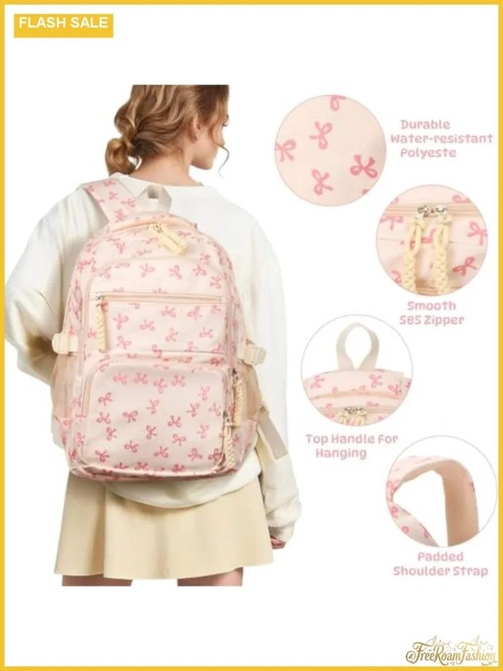 Cute Bow Nylon Backpack for Women Kawaii Aesthetic Schoolbag Rucksack with